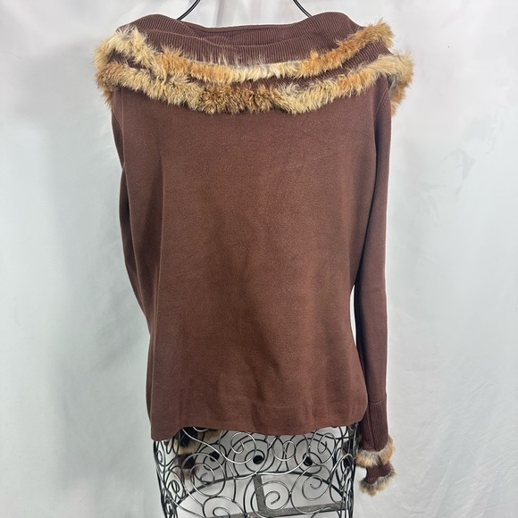CABO chocolate brown ribbed cardigan with faux fur lining size L - Picture 8 of 9